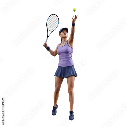 Woman tennis player serving ball with racket female athlete isolated on a transparent background