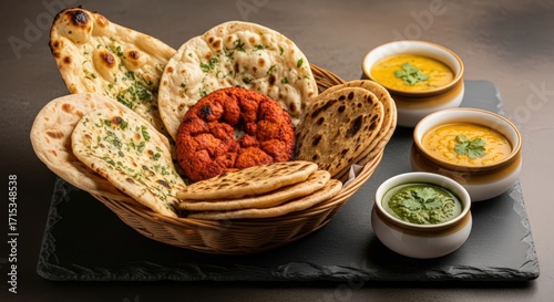 A basket full of naan bread and tandoori with bowls of sauce on a slate serving platter dish