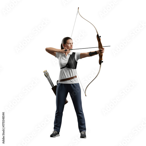 Woman Archer Aiming Bow and Arrow in White Polo Shirt archery isolated on a transparent background