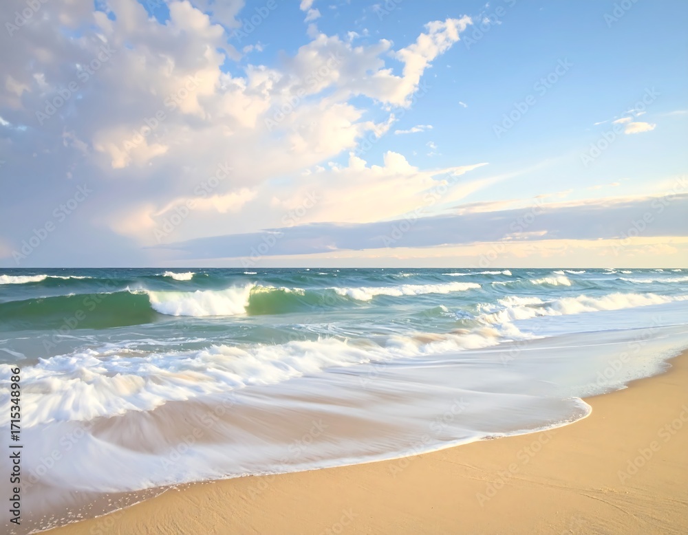 Obraz premium Tranquil ocean waves gently wash onto a sandy shore, highlighted by soft light and a beautiful sky filled with fluffy clouds.