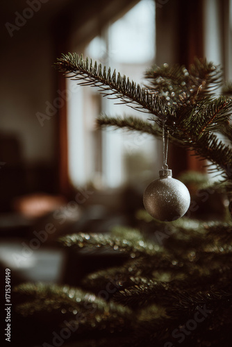 minimalist atmosphere of christmas celebration in usa featuring simple christmas tree adorned with single ornament