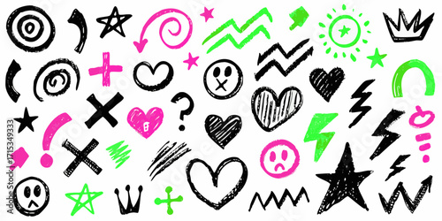 Collection of hand drawn doodle icons and symbols in black pink and green on white background
