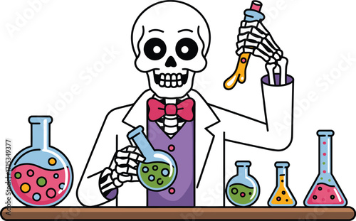 Skeleton scientist with colorful beakers and flasks