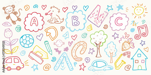 Whimsical hand drawn doodle collection featuring alphabet letters animals objects and shapes for kids