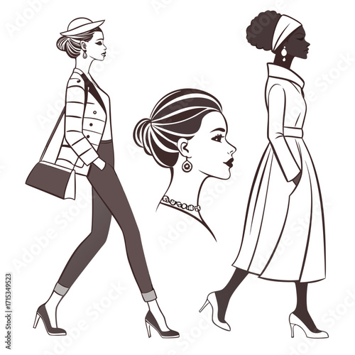 “Fashion silhouette vector collection: stylish women, runway models, high heels, dresses, beauty icons, cosmetics, hairstyle silhouettes for fashion branding, makeup, clothing design, lifestyle poster
