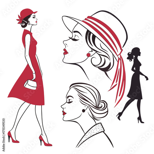 “Fashion silhouette vector collection: stylish women, runway models, high heels, dresses, beauty icons, cosmetics, hairstyle silhouettes for fashion branding, makeup, clothing design, lifestyle poster