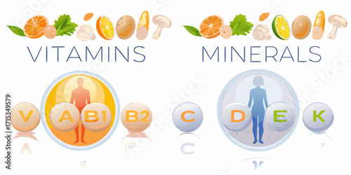 Vitamins and minerals essential for human health and nutrition illustrated with food sources and body silhouettes