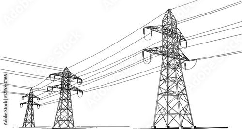 High voltage electricity pylons, power transmission towers, energy distribution lines, electrical grid system, industrial infrastructure, utility network, overhead cables, electric power supply