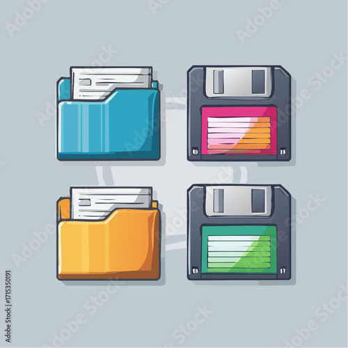 Retro computing and early internet technology icons. A set of 90s-style digital symbols with a pixel art influence for digital projects.