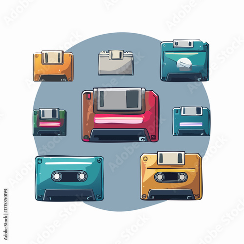 A 90s retro vector icon set including a floppy disk save button, pixelated folder, modem, and browser symbols.