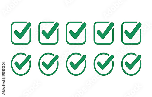 Collection of green checkmarks in squares and circles on white background tick correct