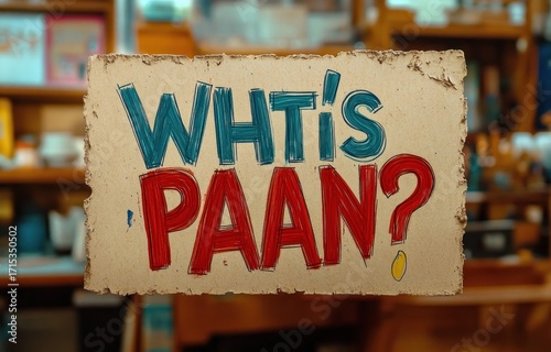 Close-up of a handmade cardboard sign with colorful hand-painted lettering asking 'What is Paan?' with a blurred background of store shelves