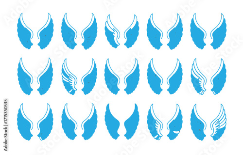 Fifteen Blue Stylized Angel Wing Pairs With Grunge Texture wings feather