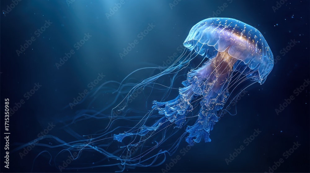 Obraz premium A mesmerizing jellyfish gracefully dances in the deep blue sea, its ethereal glow illuminating the dark depths of the ocean