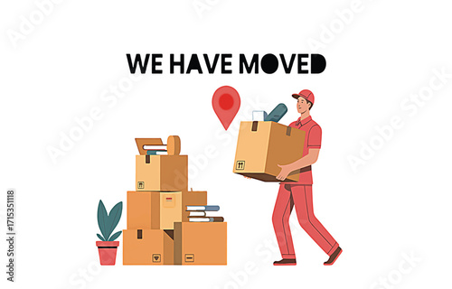 Moving Service Man Carrying Box with Stacked Boxes and Plant relocation delivery