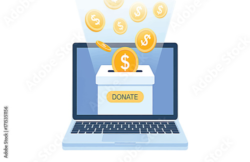 Online Donation Laptop with Coins and Donate Box computer