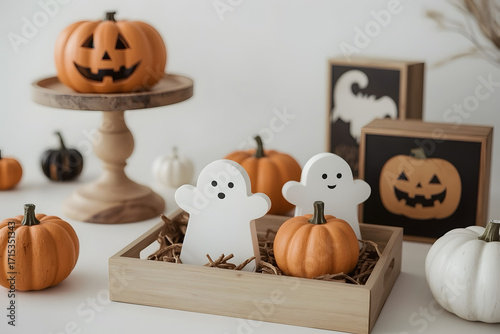 COCHIE Cute Halloween Tiered Tray Decorations Indoor, Ghost Wooden Decor Pumpkin Blocks Signs for Party Home Decoration