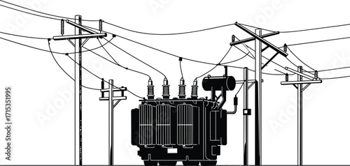 Electric power transformer station with utility poles, distribution lines, electrical substation, industrial energy infrastructure, grid network, black silhouette illustration