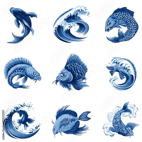 Set of traditional blue Japanese koi fish and ocean waves illustrations.