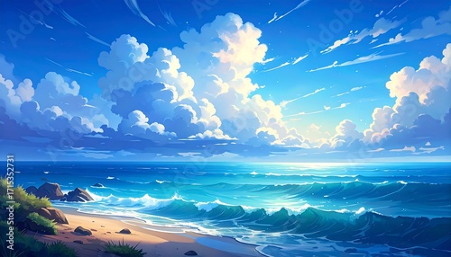 A vibrant, digital painting of a beach scene