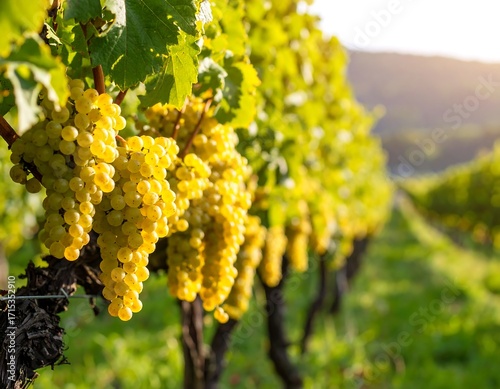 Clusters of ripe yellow grapes on vines