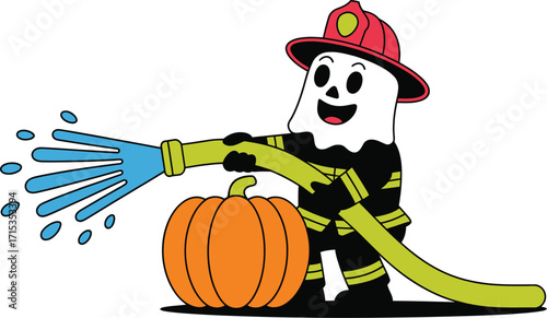 Ghost firefighter sprays water on orange pumpkin vector