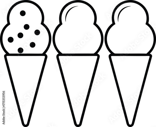 Three stylized black and white line art ice cream cones on white dessert sweet