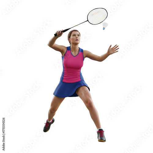 Woman Playing Badminton Hitting Shuttlecock with Racket player sport isolated on a transparent background