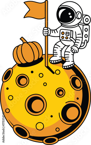 Astronaut planting orange flag on yellow moon with pumpkin