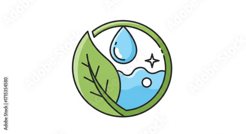 Ecofriendly icon representing nature, water, and purity with a leaf, water drop, and sparkling star, isolated on white background