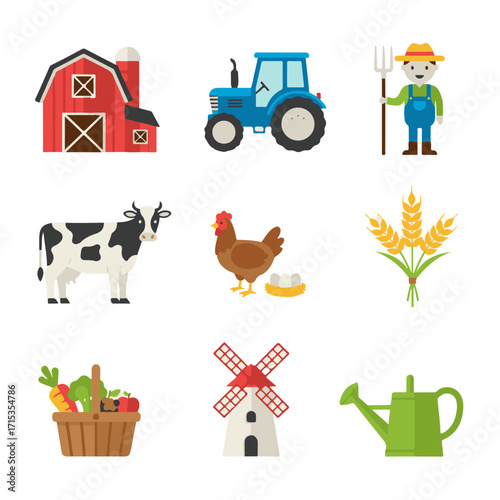 Vector icons of farming and agriculture including barn, tractor, farmer, cow, chicken, wheat, windmill, watering can, and plants