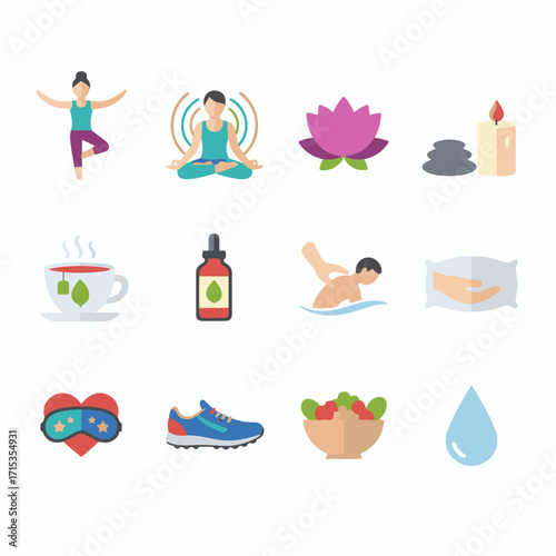 Set of healthcare and wellness icons including yoga, meditation, lotus, essential oil, candle, spa, running shoes, food, and water drop for healthy lifestyle