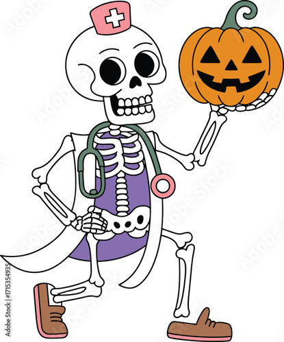 Cartoon skeleton doctor holding jack o lantern halloween