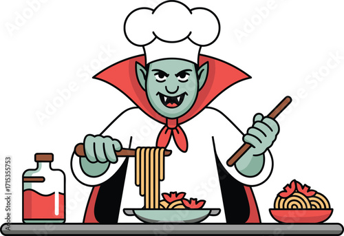 Cartoon vampire chef serving spaghetti with red sauce