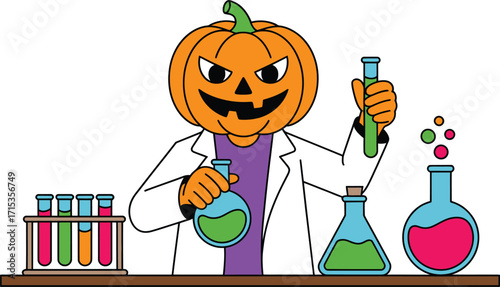 Cartoon pumpkin scientist with colorful potions halloween