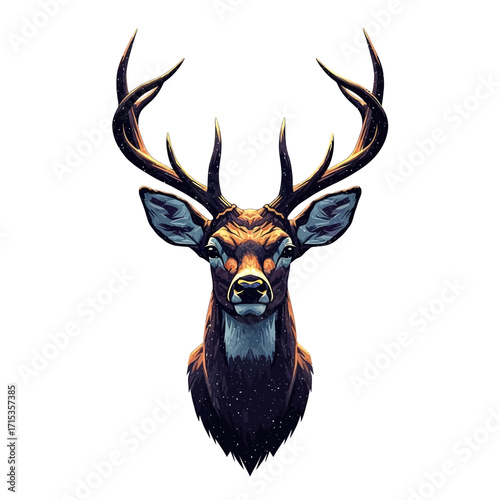 Majestic Stag Head Portrait with Antlers Against White Background
