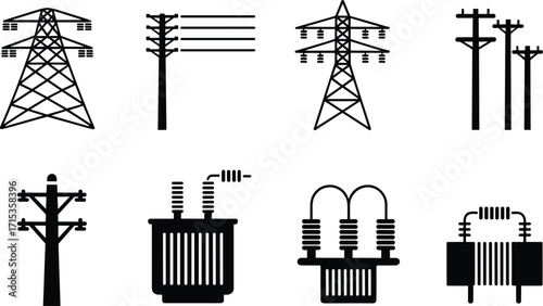 Vector illustration of electricity poles, high voltage power transmission towers, electrical transformers, energy distribution system, utility grid infrastructure, industrial engineering icons