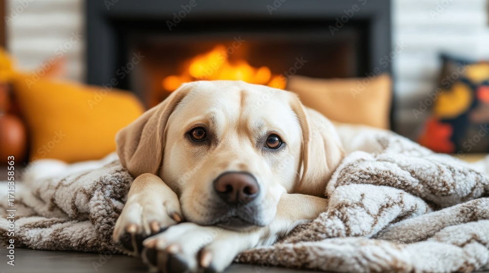Obraz premium Yellow Labrador Dog Resting Near Fireplace