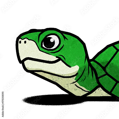 Captivating side profile illustration of a cheerful green turtle, designed with a clean graphic aesthetic for diverse media