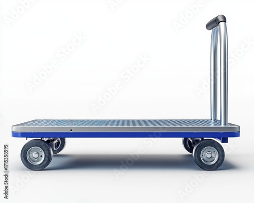 Sturdy blue flatbed platform cart with four large wheels and ergonomic metal handle for easy transportation