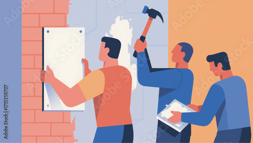 Illustration Of A Group Of Workers Working Together To Build A Strong Wall Vector Design Template