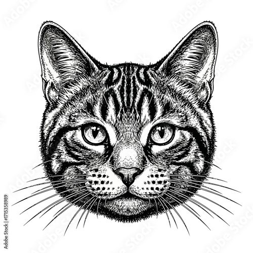 Detailed black and white illustration of a domestic cat's face with intricate markings