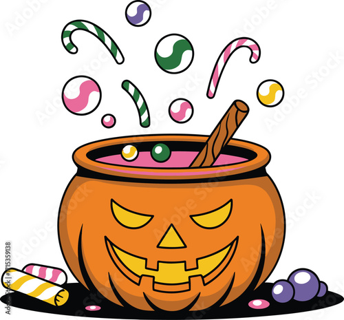 Orange pumpkin cauldron with candy and potion halloween
