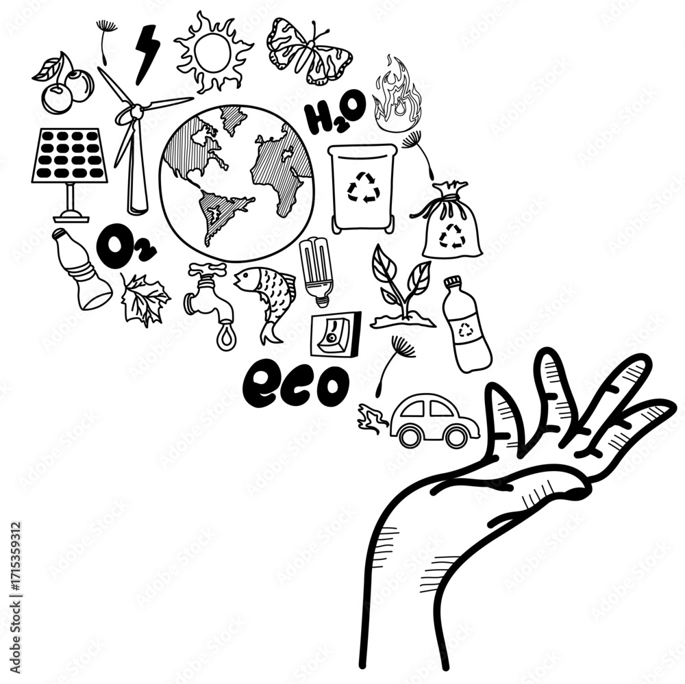 Obraz premium Ecology doodle set. Eco and sustainable living collection. Green energy, nature protection, zero waste, eco friendly concept. Energy and ecology icon set