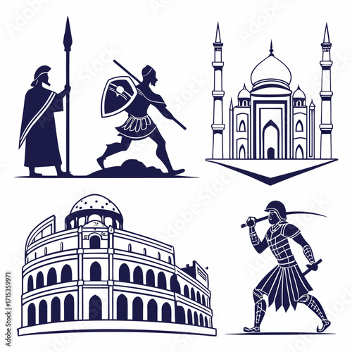 “Historical silhouette vector pack: warriors, knights, castles, ancient temples, cultural heritage icons, traditional dancers, history silhouettes for museum branding, education, and heritage design”