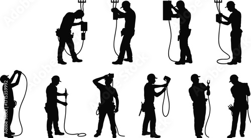 Electrician silhouettes working with tools, installing wires, cable setup vector, construction maintenance workers, electrical service illustration, repair job clipart