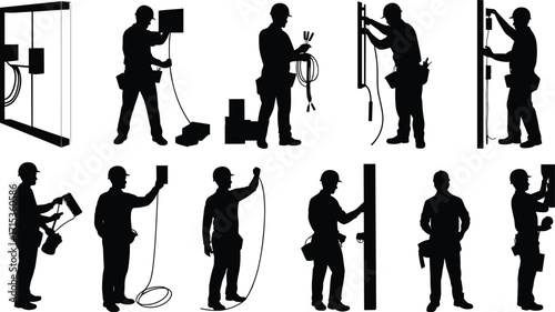 Electrician working silhouette set, construction worker tools, wiring installation illustration, electrical technician clipart, maintenance professional vector, power job icons