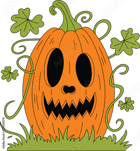 Orange Halloween pumpkin with carved jagged mouth and black eyes