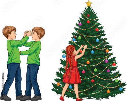 Children decorating Christmas tree with ornaments, twins playing together, festive holiday celebration, happy kids, winter season family tradition joy