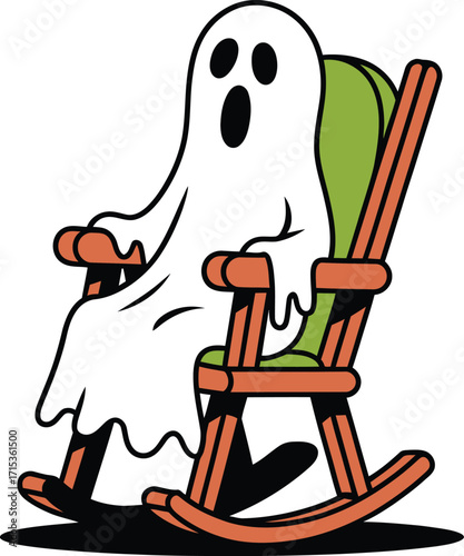 White ghost with surprised expression sitting in rocking chair